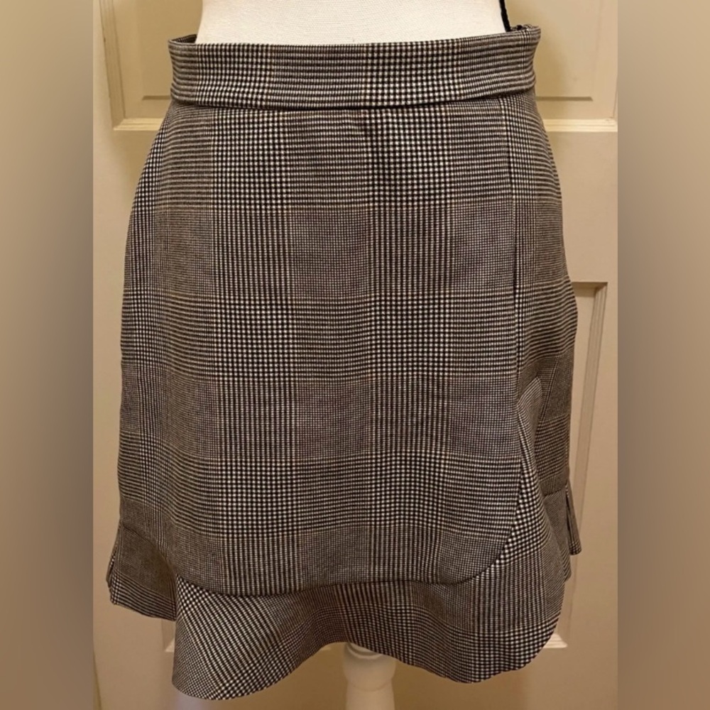 Zara Classic Plaid ruffle slit A-Line houndstooth Skirt black brown size s